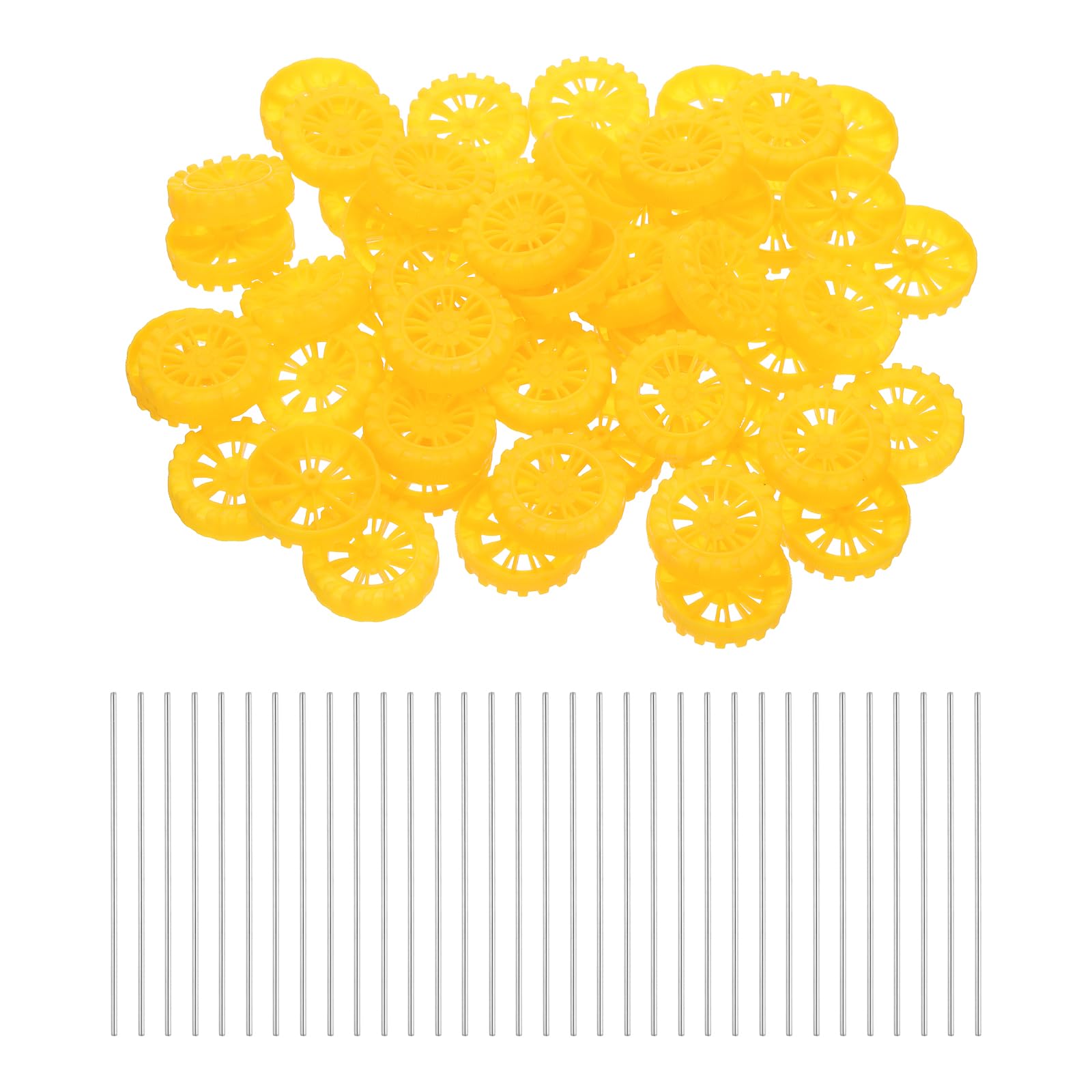 sourcing map 100pcs Toy Car Wheels, 35mmx8mm Plastic Roll and 2mmx100mm Shaft Round Rod Axles for DIY RC Car Truck Boat Helicopter Model Part, Yellow