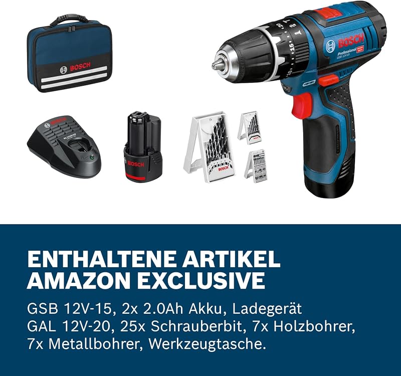 12V System Akku Schlagbohrschrauber GSB 12V-15 (Bohr-Ø Holz max: 19 mm, inkl. 2x 2.0Ah Akku + Ladegerät, 2x Bohrer-Set, 1x Bit-Set, Werkzeugtasche) - Amazon Exclusive