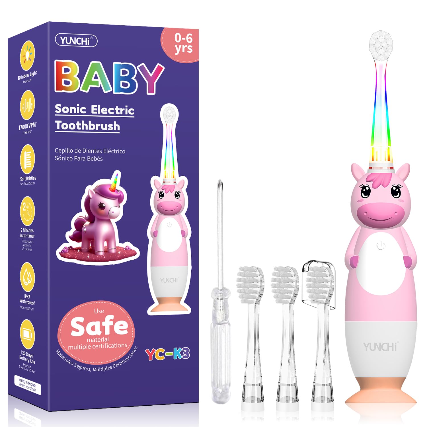 Baby Electric Toothbrushes 0-3-6 Years Toddler Kids Tooth Brush with Timer Colorful Rainbow LED Light 4 Soft Heads Battery-Powered for Girls Boys Childrens YUNCHI K3 (Pink Unicorn)