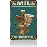 NiniArte Funny Toilet Decor Skeleton Skull Reading Newspapers Aluminum Metal Signs You're Losing Weight Signs for Toilet Restroom Washroom Home Decor 12x8 Inch