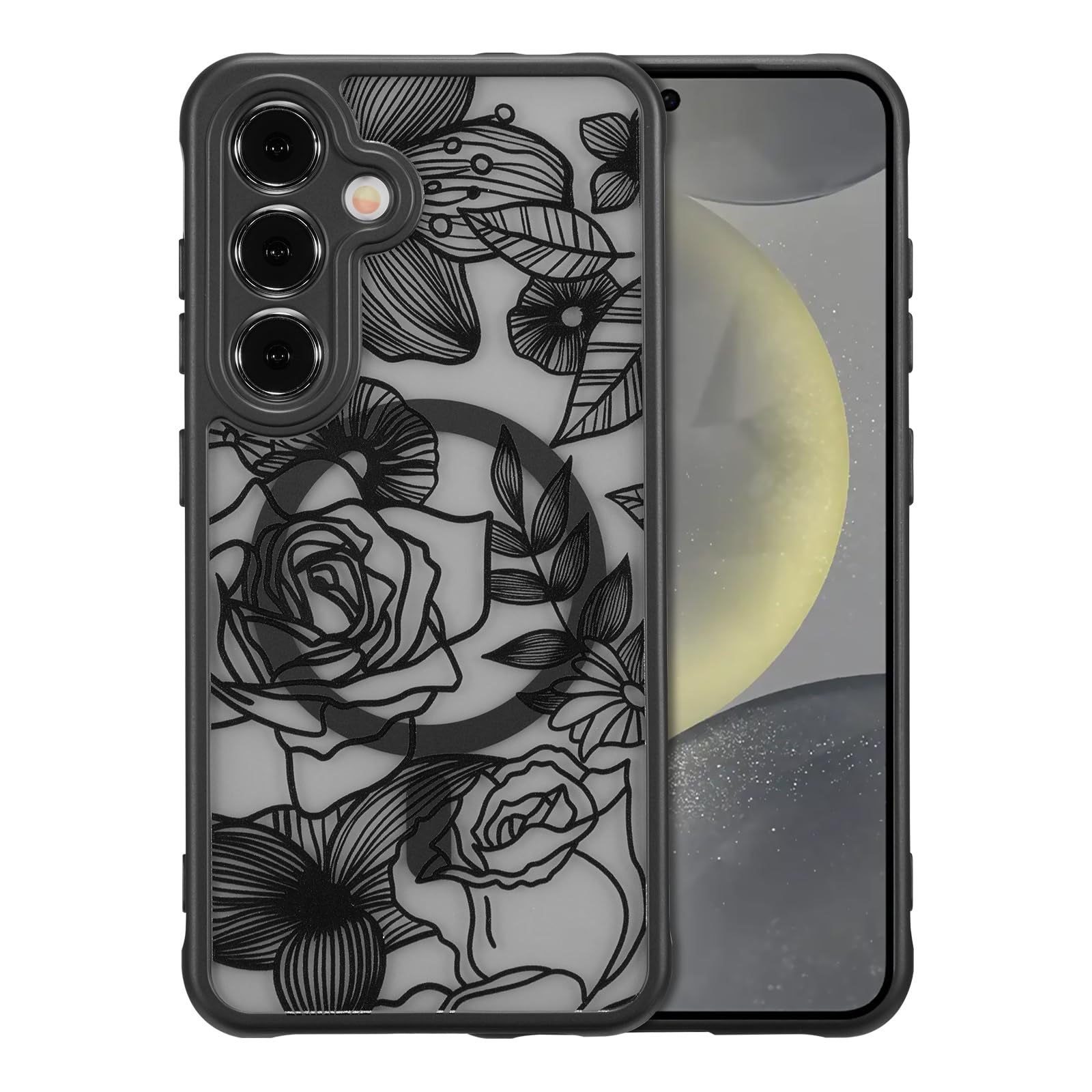 XIZYO Magnetic Case for Samsung Galaxy S24 Plus Floral Rose Cute [Compatible with Magsafe] for Women Girls Aesthetic Pattern Slim TPU Shockproof Bumper Cover, Black
