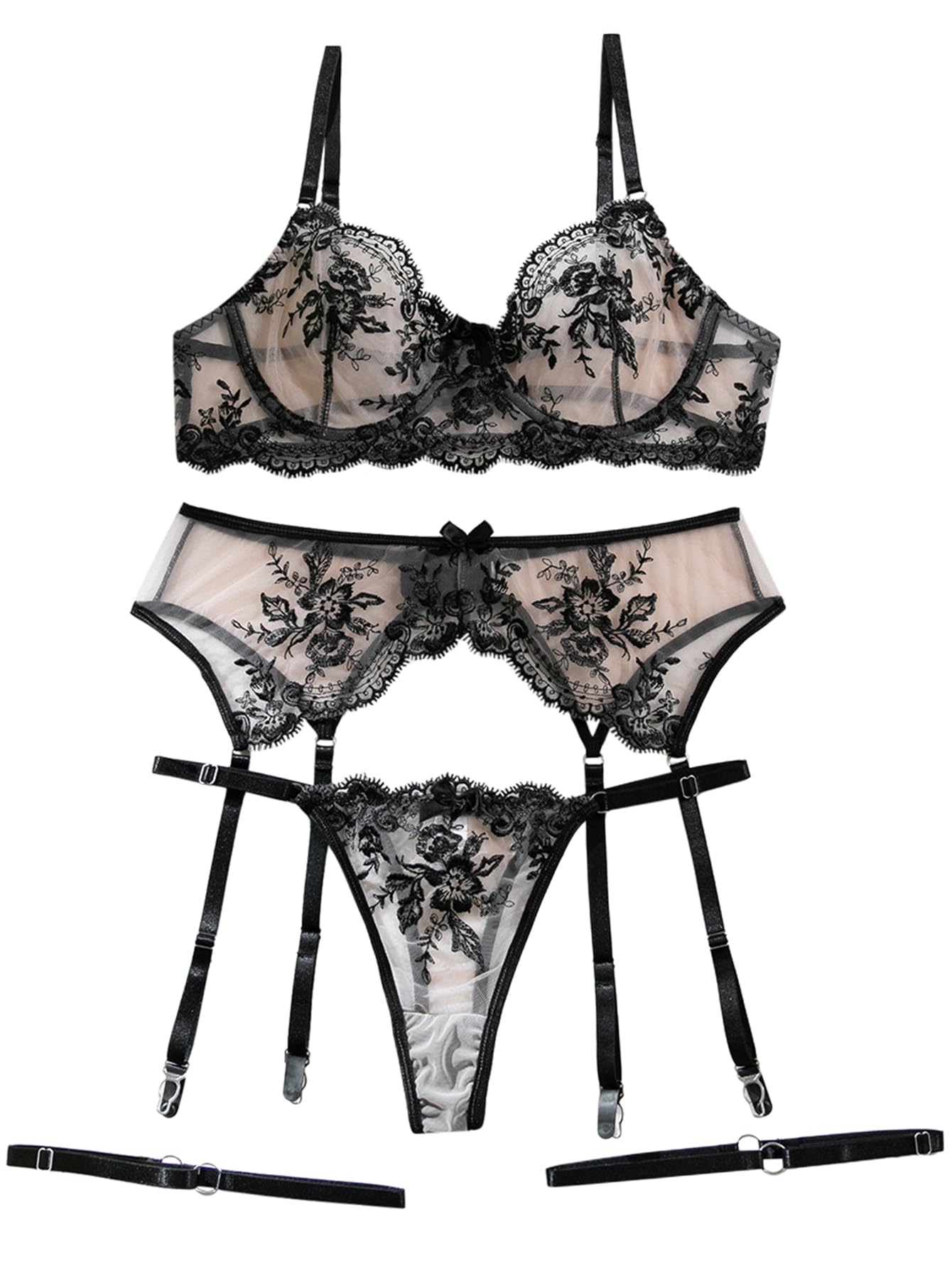 Lilosy Sexy Floral Embroidery Mesh Sheer Underwire Push Up Garter Belt Lingerie Set 3 Piece