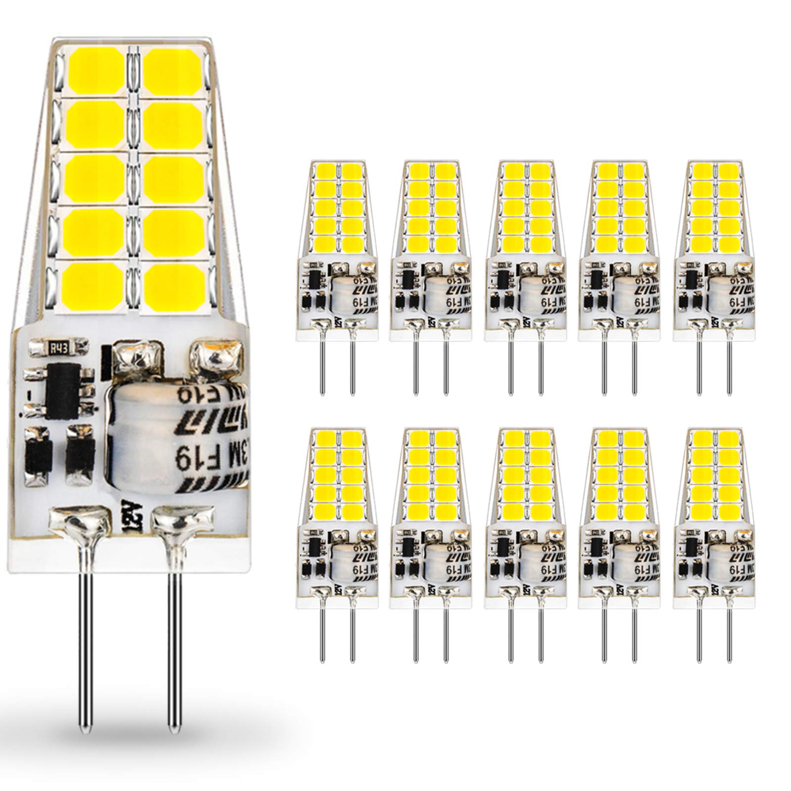 Auting 3W G4 LED Bulbs, 3W Equivalent to 30W Halogen Bulbs, Cold White 6000K G4 LED Bulbs 300LM, Not Dimmable AC/DC 12V 360 Degree, 10 Pieces