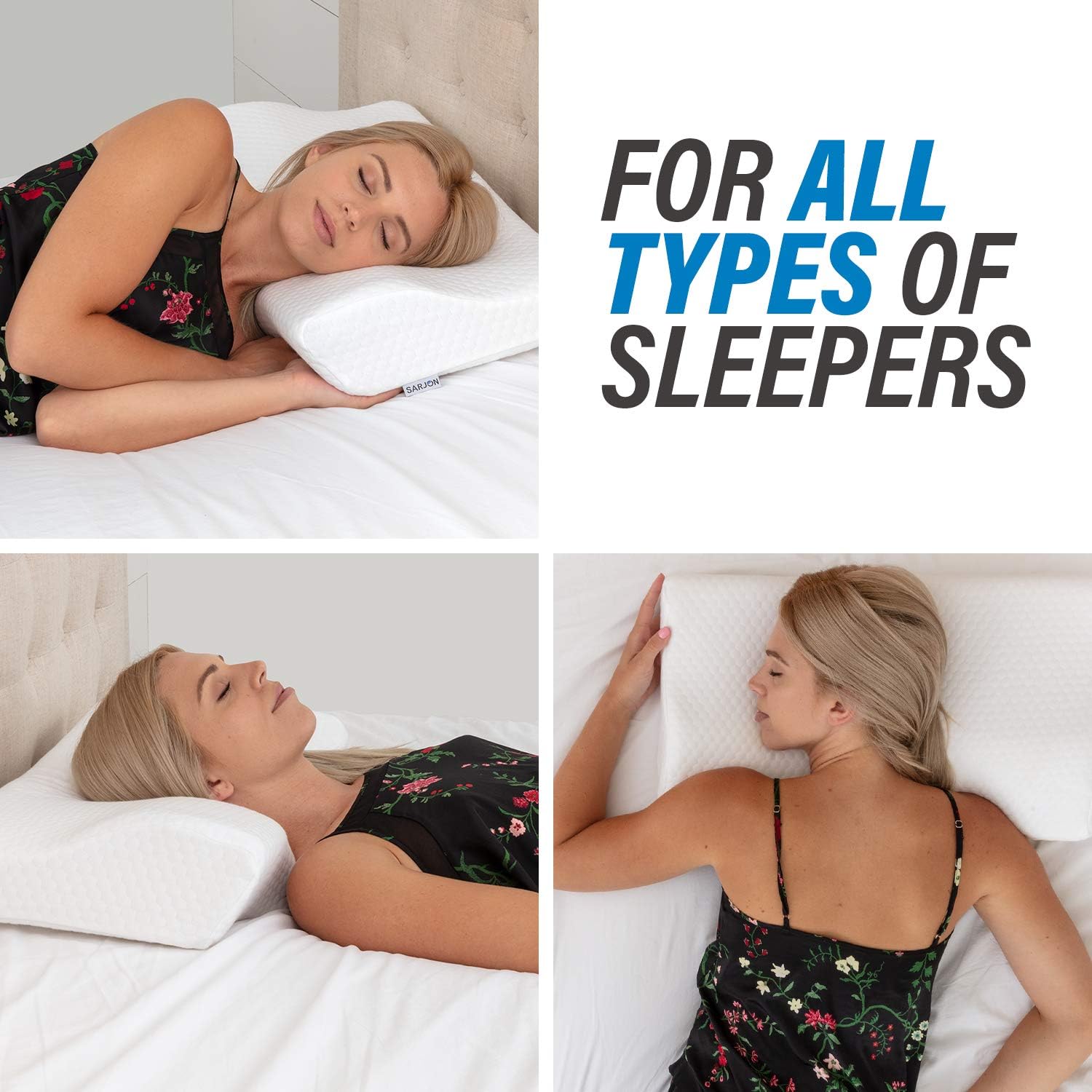SARJON Premium Contour Memory Foam Bed Pillow - Orthopedic Cervical Sleeping Pillow for Neck Pain Relief - Ergonomic Design for Side, Back & Stomach Sleepers - Washable Bamboo Cover - Firm Queen Size: Home & Kitchen