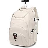 Boavan Rolling Backpack for Women, 17.3 Inch Wheeled Laptop Backpack,Large Travel Carry-On Bag for Teachers College Students, USB Charging Port Waterproof Business for Airplane Overnight Luggage，Beige