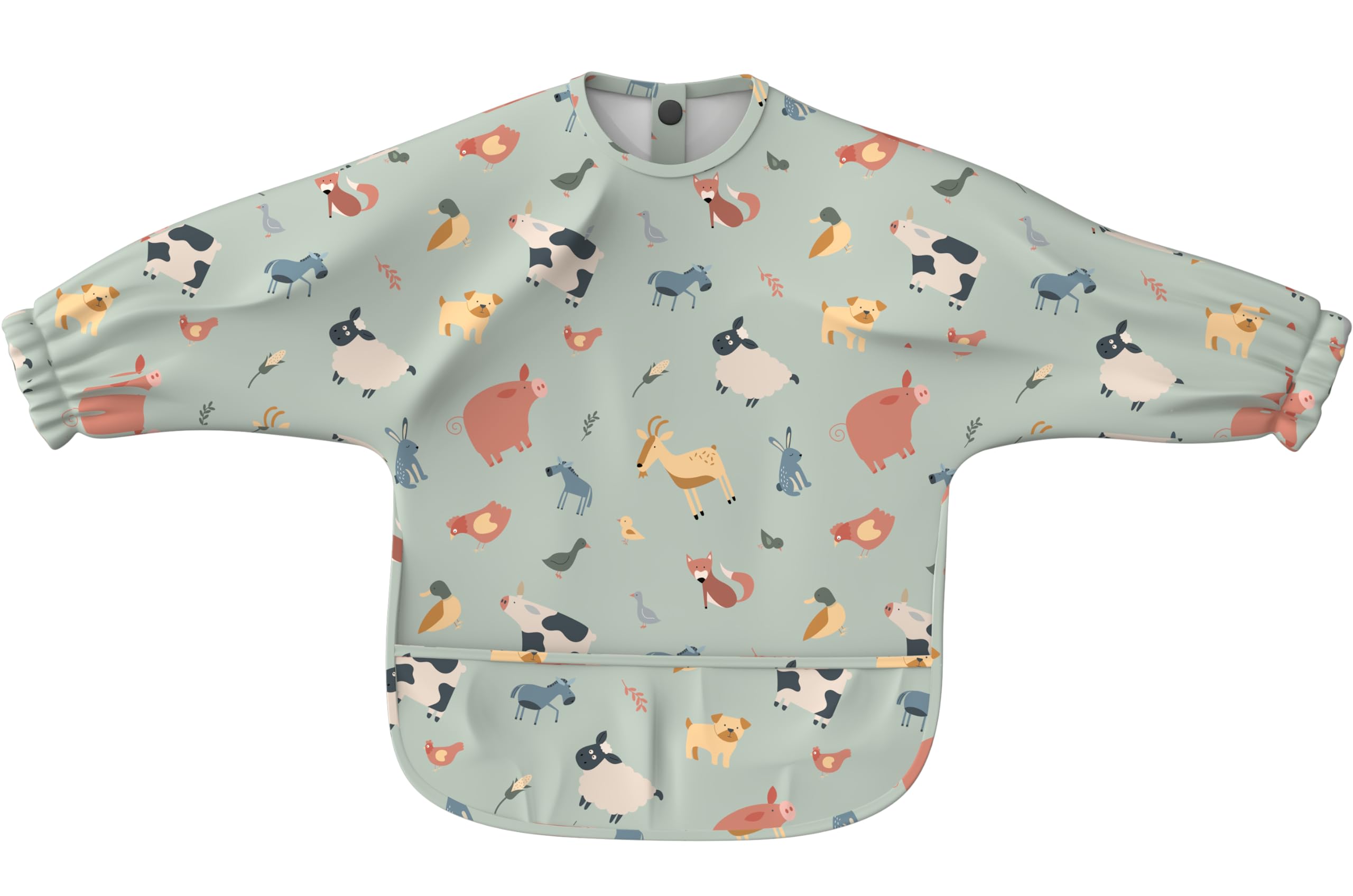 Minifolk Long Sleeved Waterproof Coverall Bib | 6 to 24 Months | Messy Play Bib | Wipeable Washable | UK designed | Toddler Apron | Baby Bib | Weaning Bib | Child Bib (Farmyard)