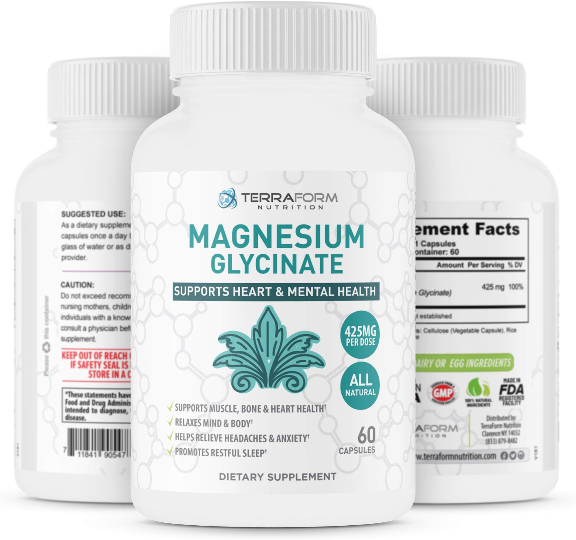 Advanced Magnesium Glycinate Capsules 425mg per Serving, 100% Chelated, 30 Servings – Made in USA – 1 Month