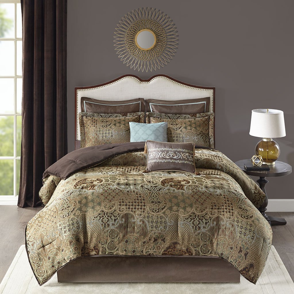 Cal King Size Madison Park Hickory 8 Piece Chenille Jacquard Comforter Set Bedding Spa Comforter Sets Home Kitchen