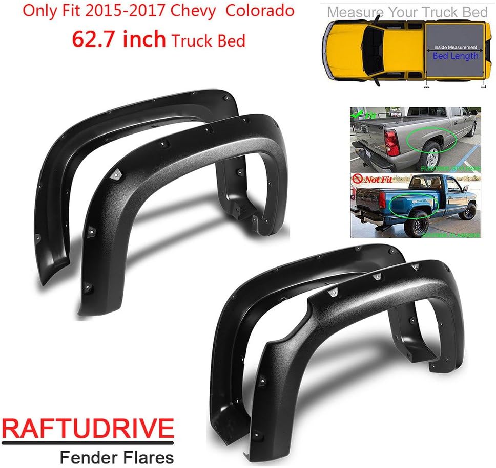 RAFTUDRIVE 4pcs Textured Black ABS Pocket Rivet Bolt-On Atermarket Fender Flares Fit 2015-2018 Chevy Colorado 61.7 inch Truck Bed