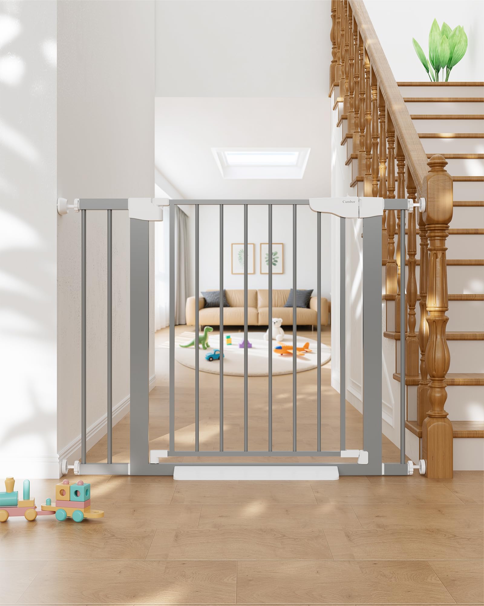 Cumbor 29.7"-51.5" Extra Wide Baby Gate for Stairs, Mom's Choice Awards Winner-Dog Gates for Doorways, Pressure Mounted Walk Through Pet Gate Indoor, Safety Auto-Close Child Gate for Kids, Gray