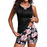 Aleumdr Womens Blouson Tankini Swimsuits Cutout Textured Two Piece Swimsuit with High Waisted Short Modest Bathing Suits