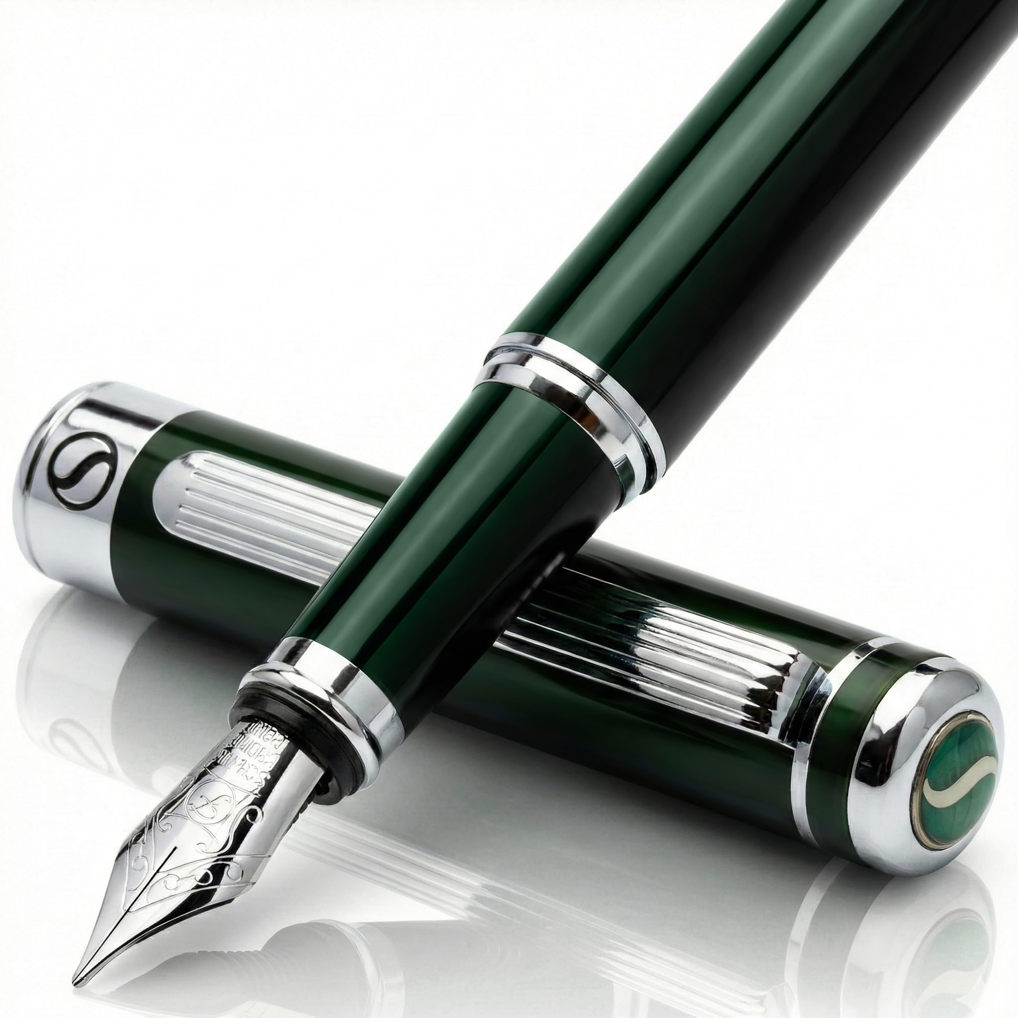 Scriveiner British Racing Green Fountain Pen - Stunning Luxury Pen with Chrome Finish, Schmidt Nib (Fine), Best Gift Set for Men & Women, Professional, Executive, Office, Nice Design
