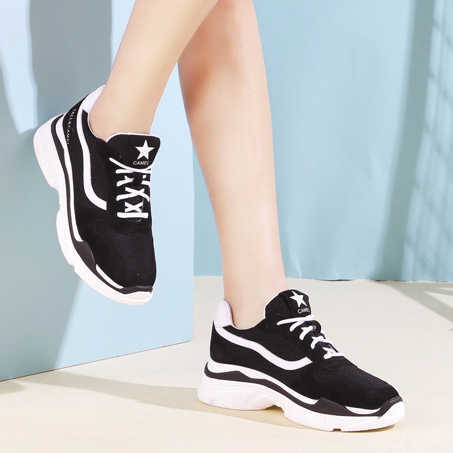 CAMEL CROWN Women\'s Casual Athletic Shoes Mesh Breathable Lace-up Walking Travel Fashion Chunky Dad Sneakers Black White Size 9