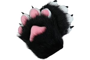 BNLIDES Cosplay Animal Cat Wolf Dog Fox Paws Claws Gloves Fursuit Paws Accessories for Adults (White-Black)
