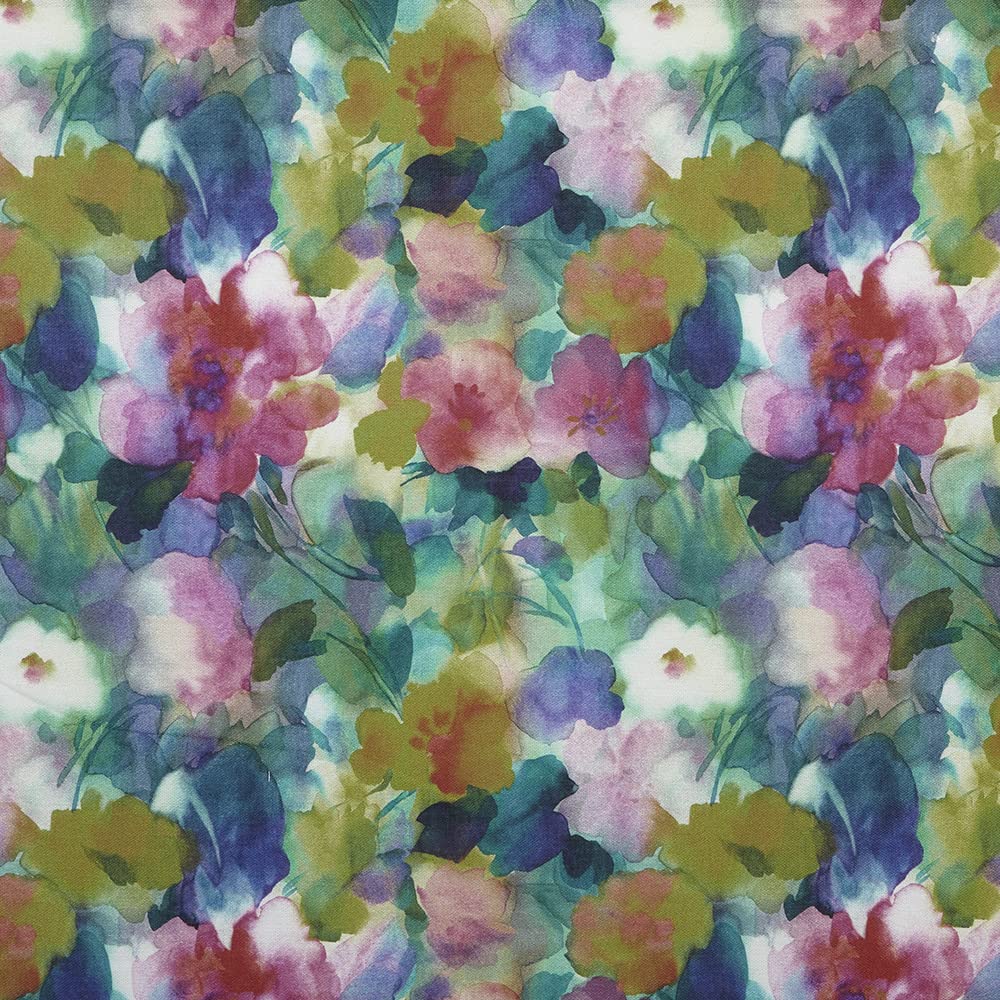 Kt KILOtela - Digital Printed Canvas Fabric, Half Panama Cotton, Decoration, Upholstery, Cushions, Curtains, Bedspreads, Tablecloths, 100 cm Length x 280 cm Wide, Flowers, Watercolour, Pink, Blue - 1