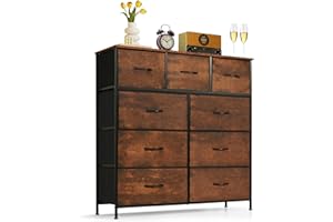 SAGENEST 9-Drawer Dresser for Bedroom, Anti-Tip Tall Storage Organizer Chest of Drawers with Wooden Top and Metal Frame Fabric Bins for Closet, Living Room, Hallway, Entryway, Brown