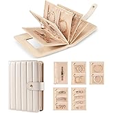Lolalet Travel Jewelry Organizer Case, Portable Jewlery Storage Book Portfolio Binder with Zipper Velvet Pouch and Built-in Mirror for Women -Beige