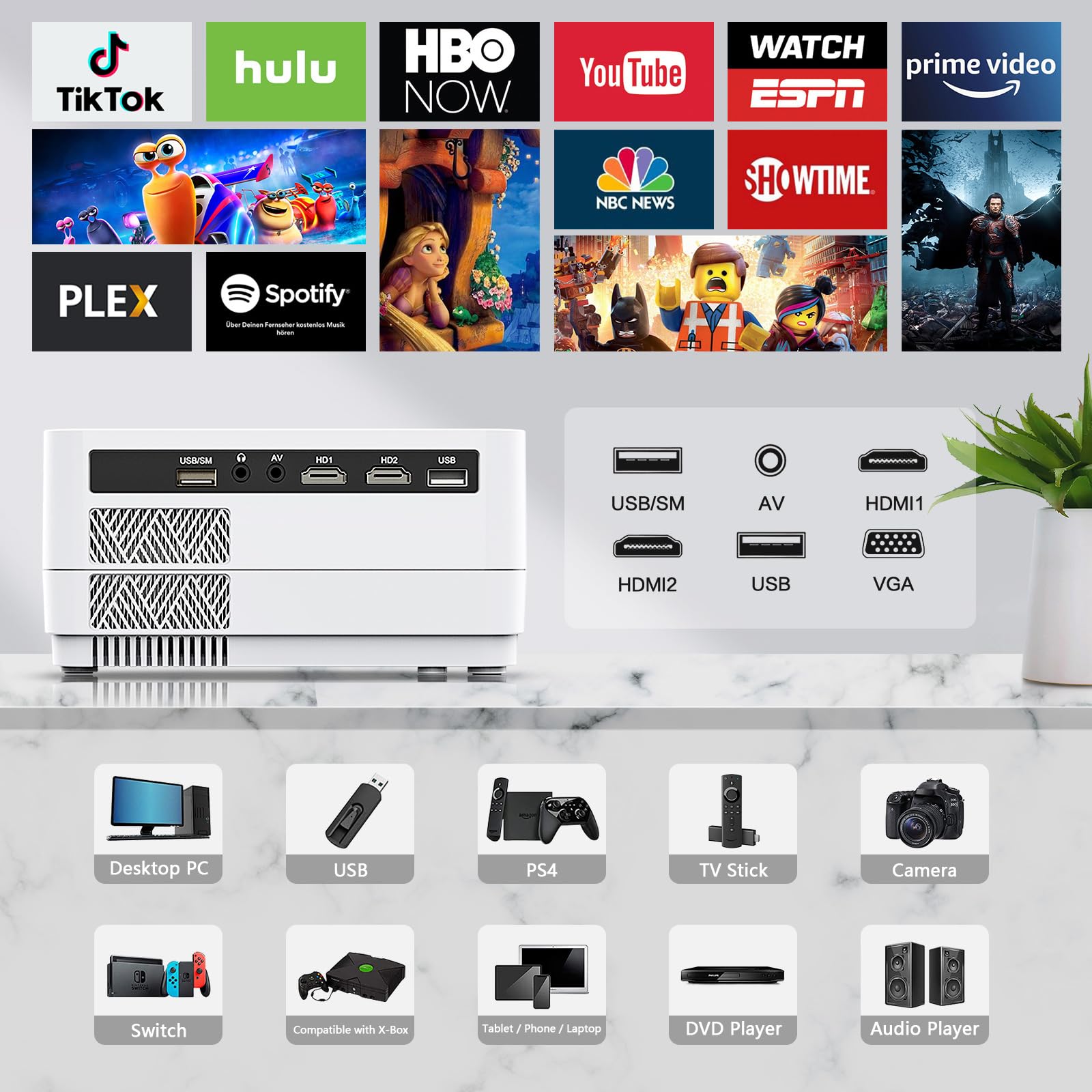 Native 1080P Projector with WiFi and Two-Way Bluetooth, Full HD Movie Projector for Outdoor Movies, 300