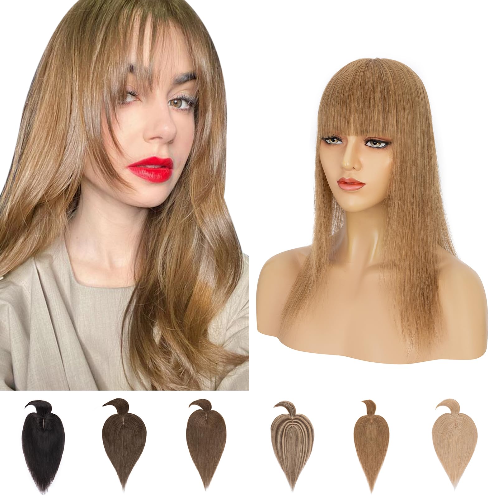 Silk-co Clip in Crown Hair Toppers For Thinning Hair Women Real Hair Topper With Fringe 150% Demsity Human Hair Extensions 10inch #06 Light Brown