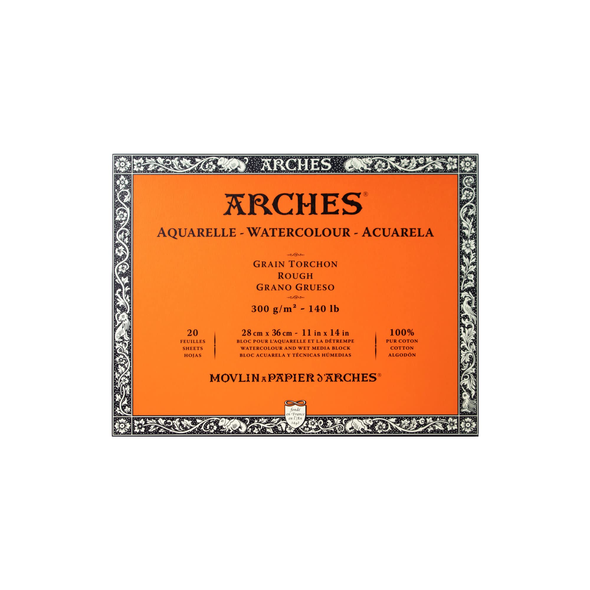 ARCHES Aquarelle – Pad of 20 Sheets 28 x 36 cm Glued 4 Sides – 300 g/m² – Tea Towel Grain, Natural White, 4 Free Edges