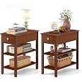 Giantex Narrow End Table With Drawer - Farmhouse Side Table, 3-Tier Storage, Brown
