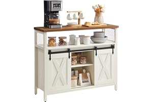VASAGLE Buffet Cabinet, Coffee Bar Storage Cabinet, Sideboard with 2 Sliding Barn Doors, Adjustable Shelves, 13 x 39.4 x 31.5 Inches, for Living Room, Rustic White and Honey Brown ULSC092W01