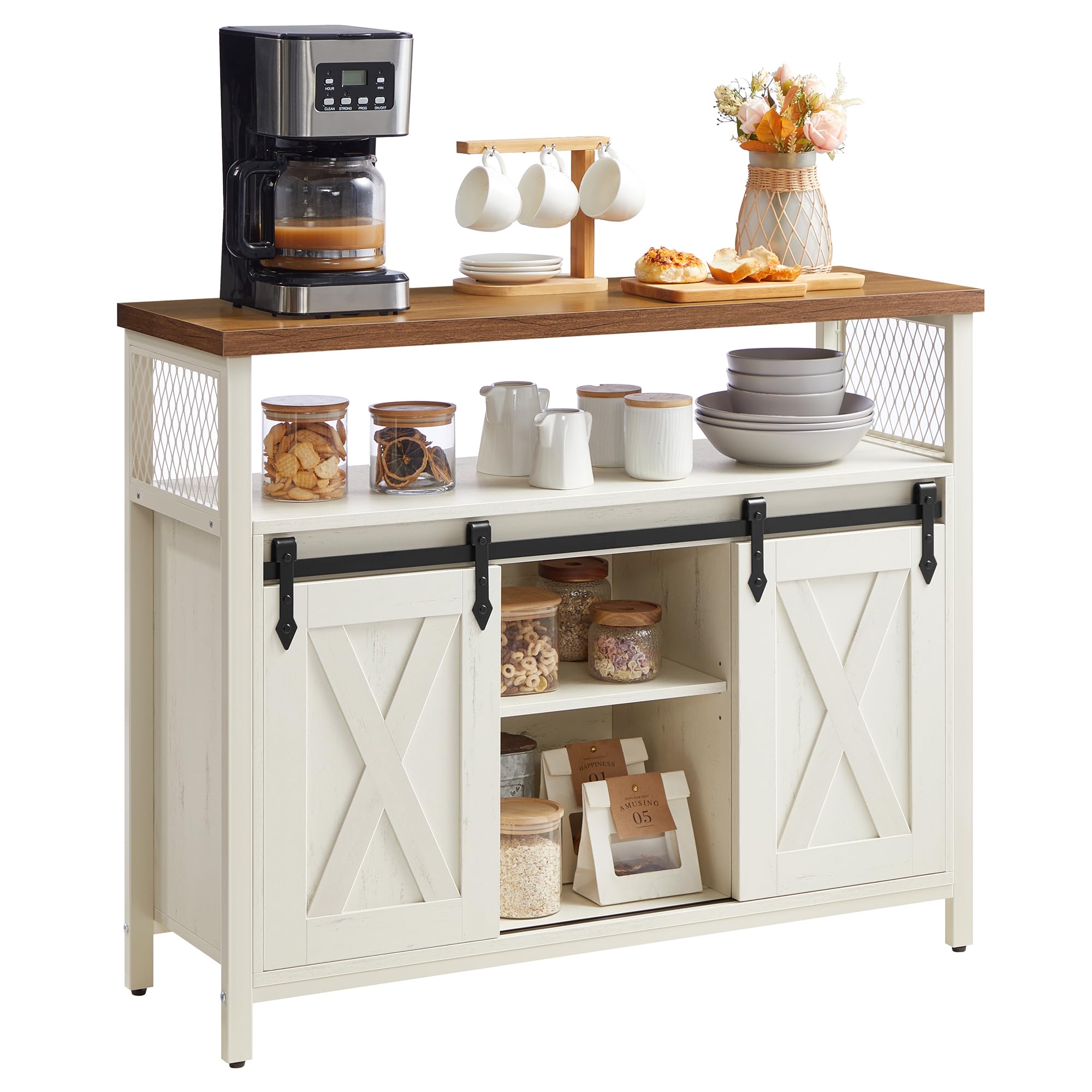 VASAGLE Buffet Cabinet, Coffee Bar Storage Cabinet, Sideboard with 2 Sliding Barn Doors, Adjustable Shelves, 13 x 39.4 x 31.5 Inches, for Living Room, Rustic White and Honey Brown ULSC092W01 Image