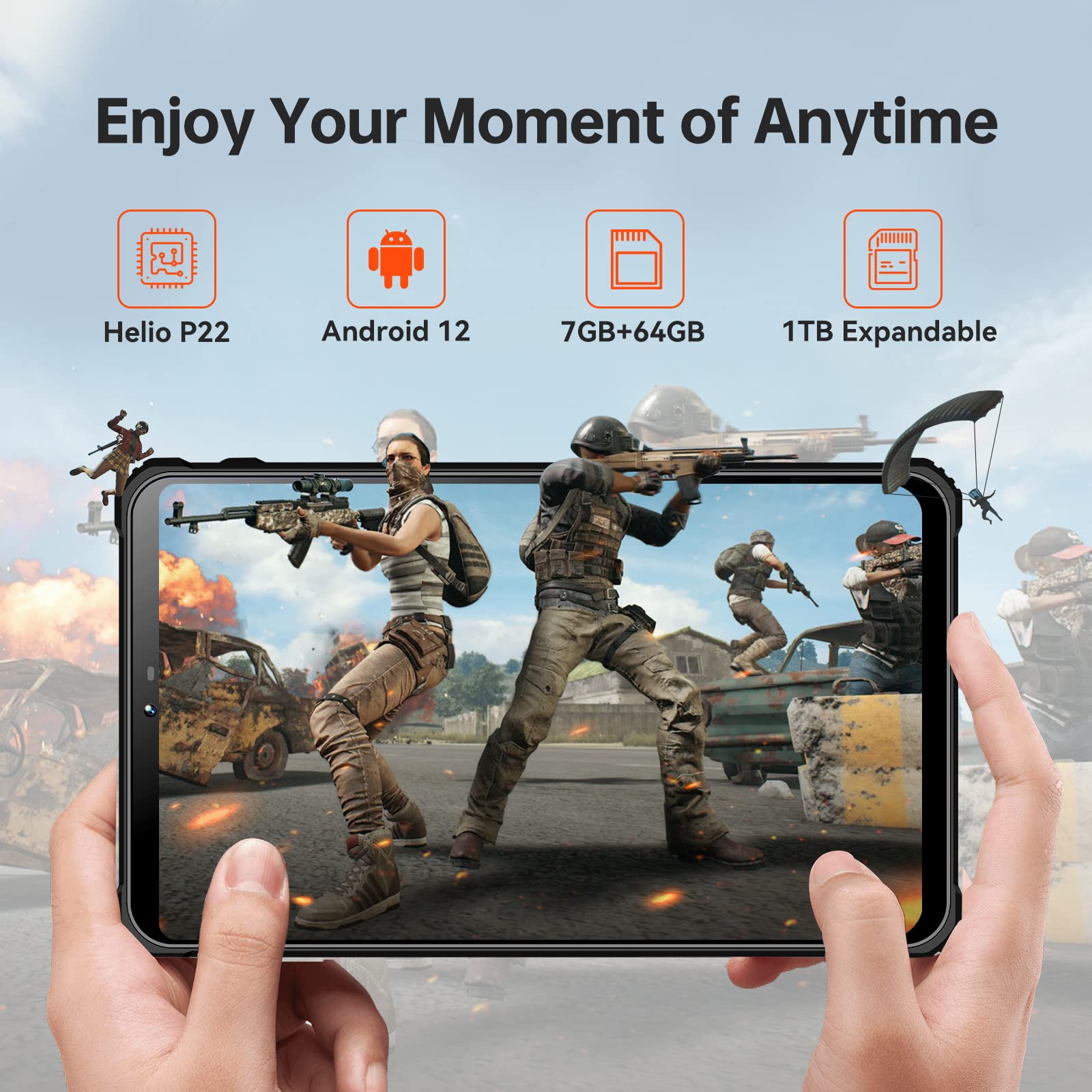 OUKITEL RT3 Rugged Android 12 Tablet, 8 Inch Waterproof, Octa Core 7GB+64GB 1TB Expandable, 5150mAh Battery, 16+8MP Camera, IP68/IP69K, 4G/5G WiFi/BT5.3/GPS