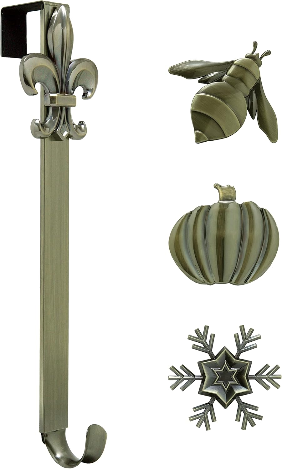Wreath Hangers - Haute Decor Adjustable Length Wreath Hanger with 4 Interchangeable Icons - Antique Brass (Bee/Pumpkin/Snowflake/Fleur de lis) for Every Season
