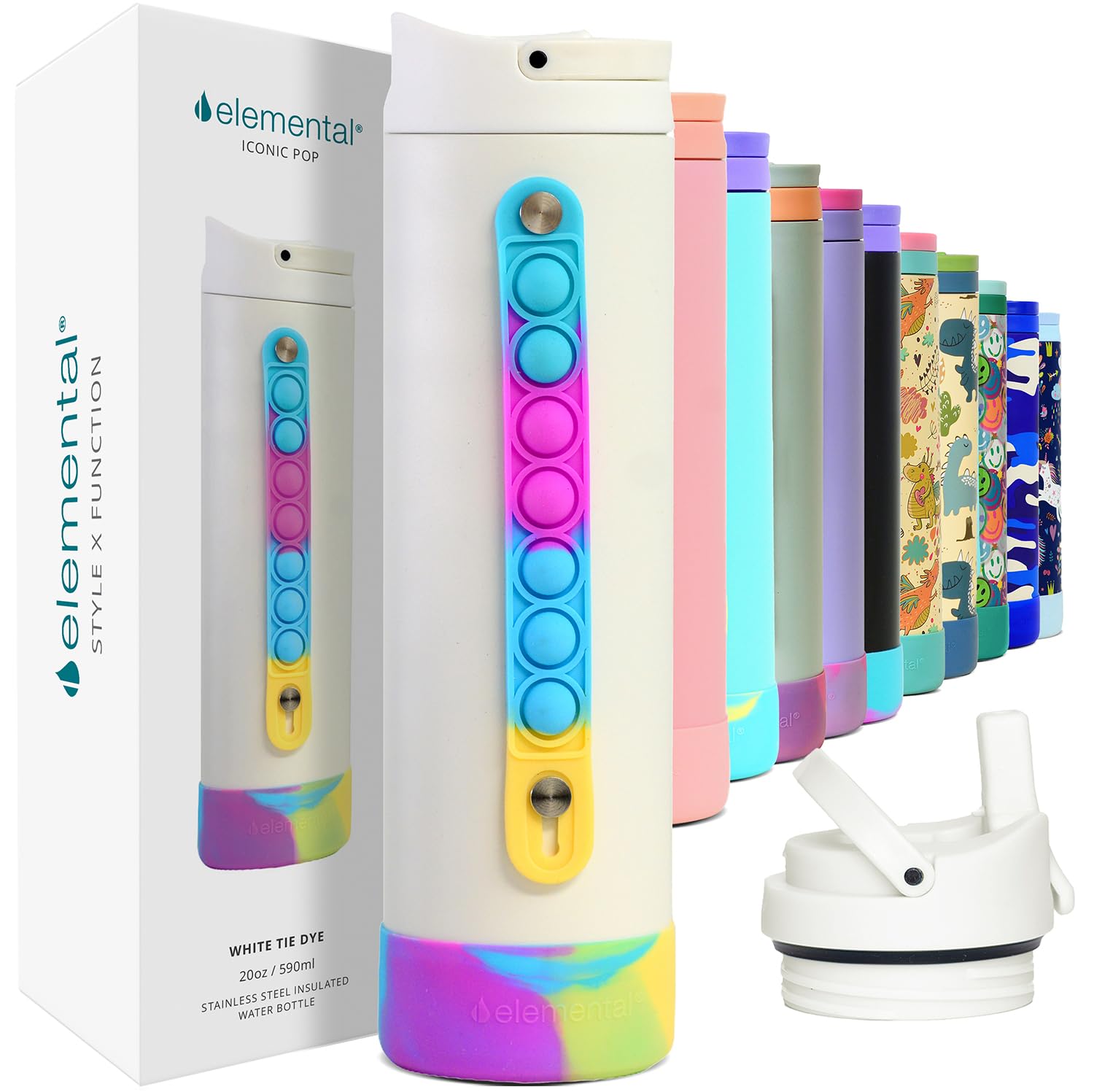 Elemental Iconic 591ml Triple-Wall Insulated Water Bottle with Straw – Sports-Lid & Pop Fidget Handle – Leakproof Stainless Steel Sports Water Bottle for Hot & Cold Drinks – White Tie Dye