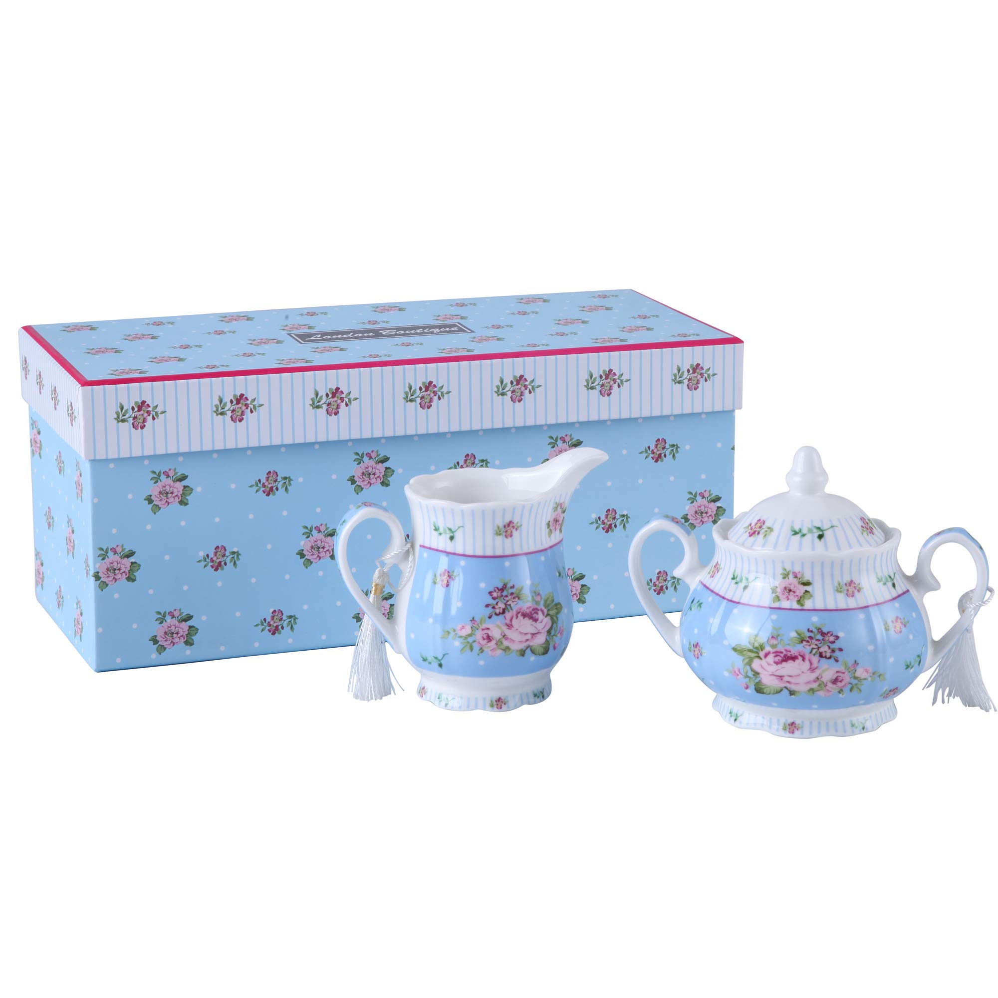 London Boutique Porcelain Teapot Sets Teapot Sugar Bowl and Cream Milk Jug Shabby Chic Vintage Floral in Gift box (Cream & Sugar Set Rose Blue)