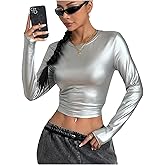 OYOANGLE Women's Metallic Long Sleeve T Shirt Crew Neck Fitted Tee Tops Y2K Going Out Tops