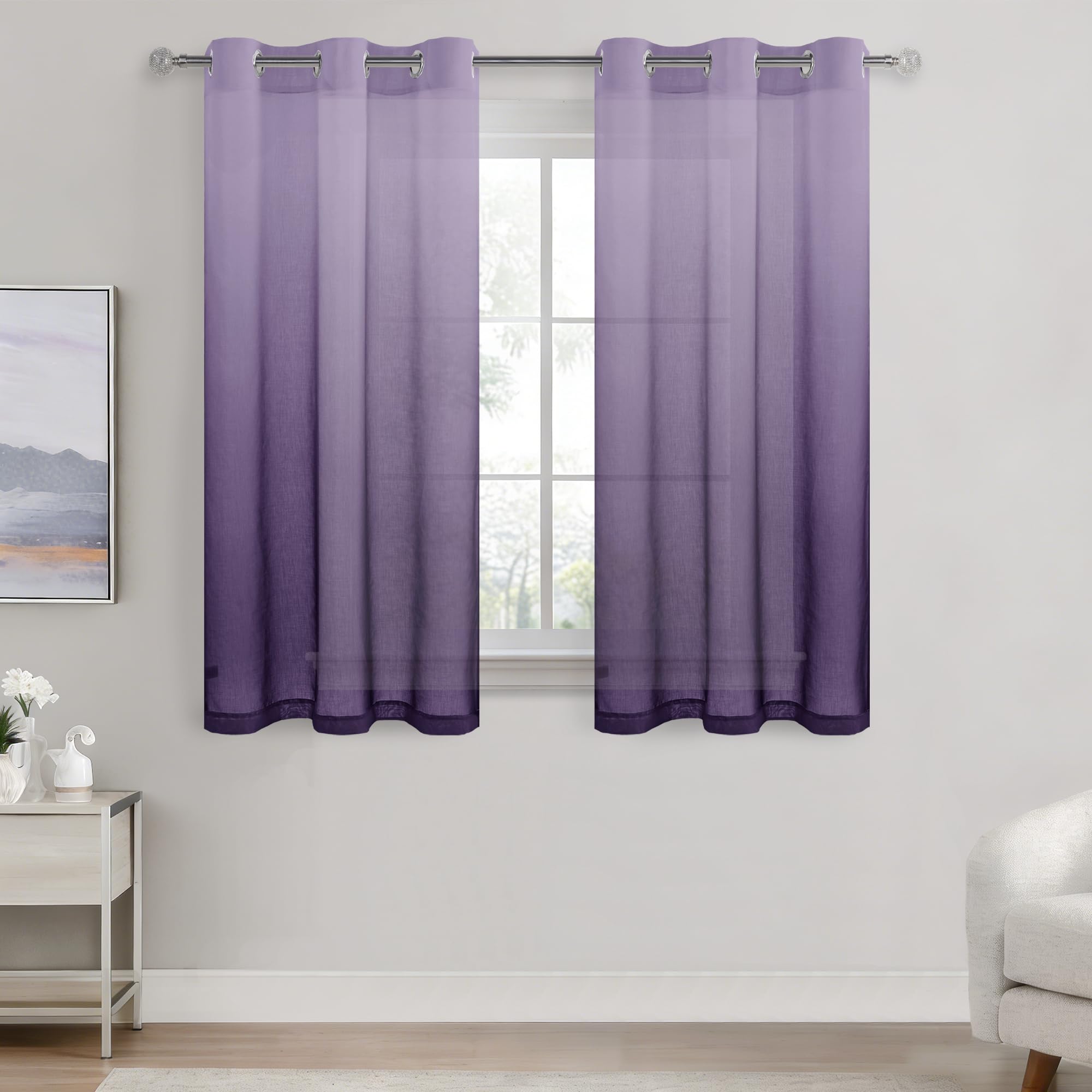 DWCN Voile Curtain Purple Gradient Curtains for Living Room Net Curtains for Windows Sheer Bedroom Crurtains Eyelet Set of 2, 46 x 54 Inches