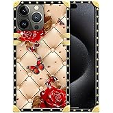 WANKBLC Compatible with iPhone 16 Pro Max Case, Shining Red Rose Butterfly Leather Background Luxury Golden Decoration for Girl Women Soft TPU Shockproof Protective Hard PC Back