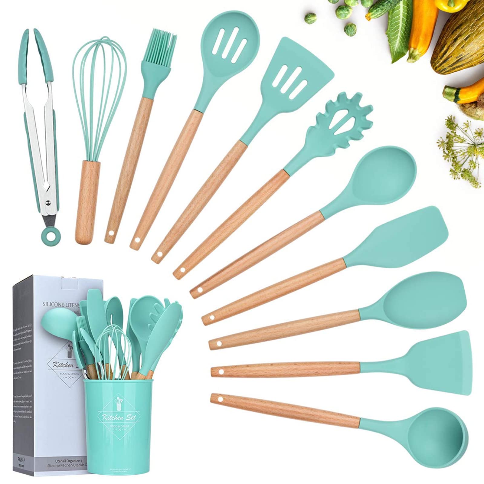 Lychee Kitchen Utensil Set Silicone Cooking Utensils - 12 Pieces Cooking Spatula Turner Heat Resistant Tools with Wooden Handle for Nonstick Non Scratch Cookware Kitchen Gadgets Set (Dark Green)