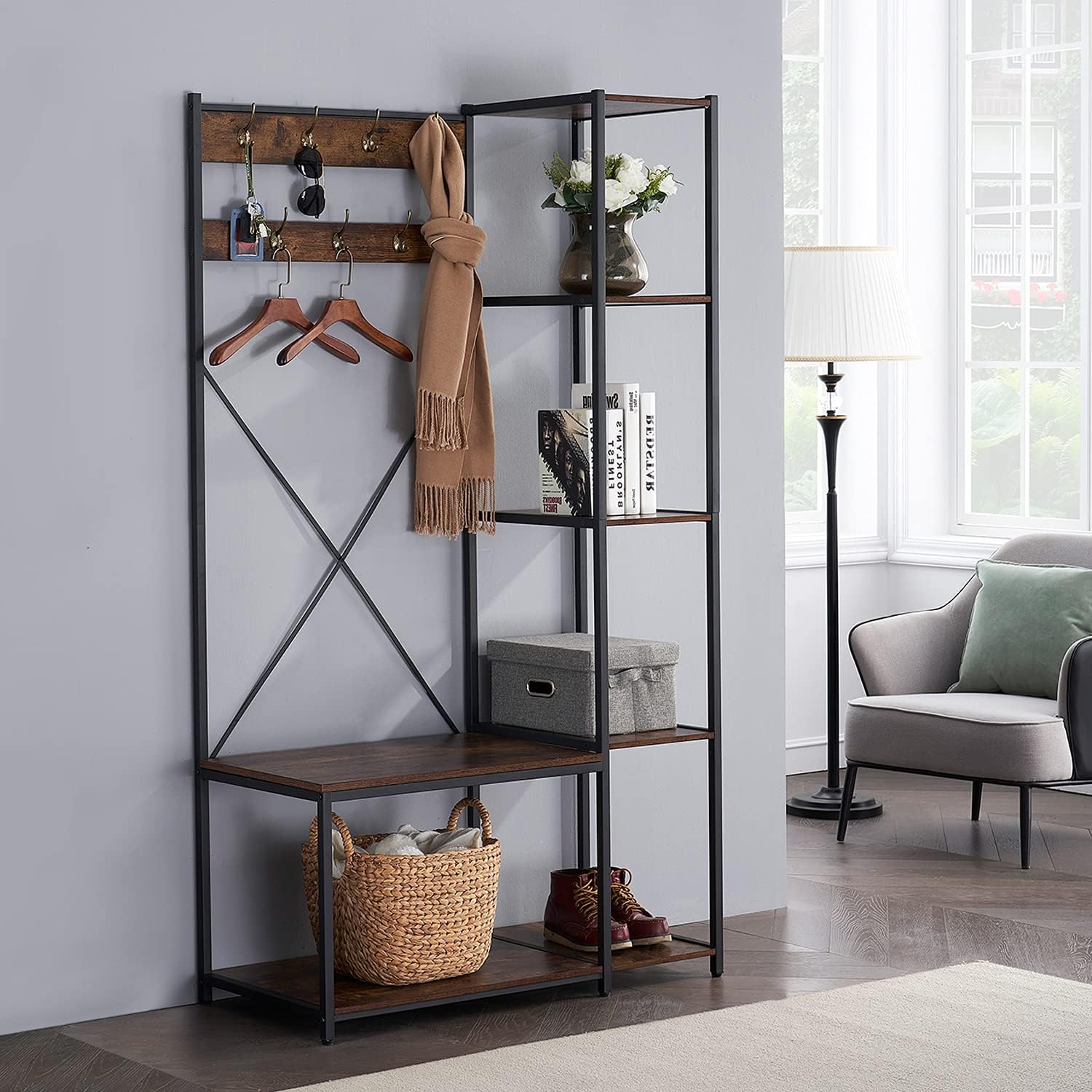 VECELO Coat Rack Bench,Hall Tree with 7 Hooks Entryway Storage 4 Shelves and 1-Tier Shoe Shelf,Wood Look Accent Furniture Metal Frame, Rustic Brown: Home & Kitchen