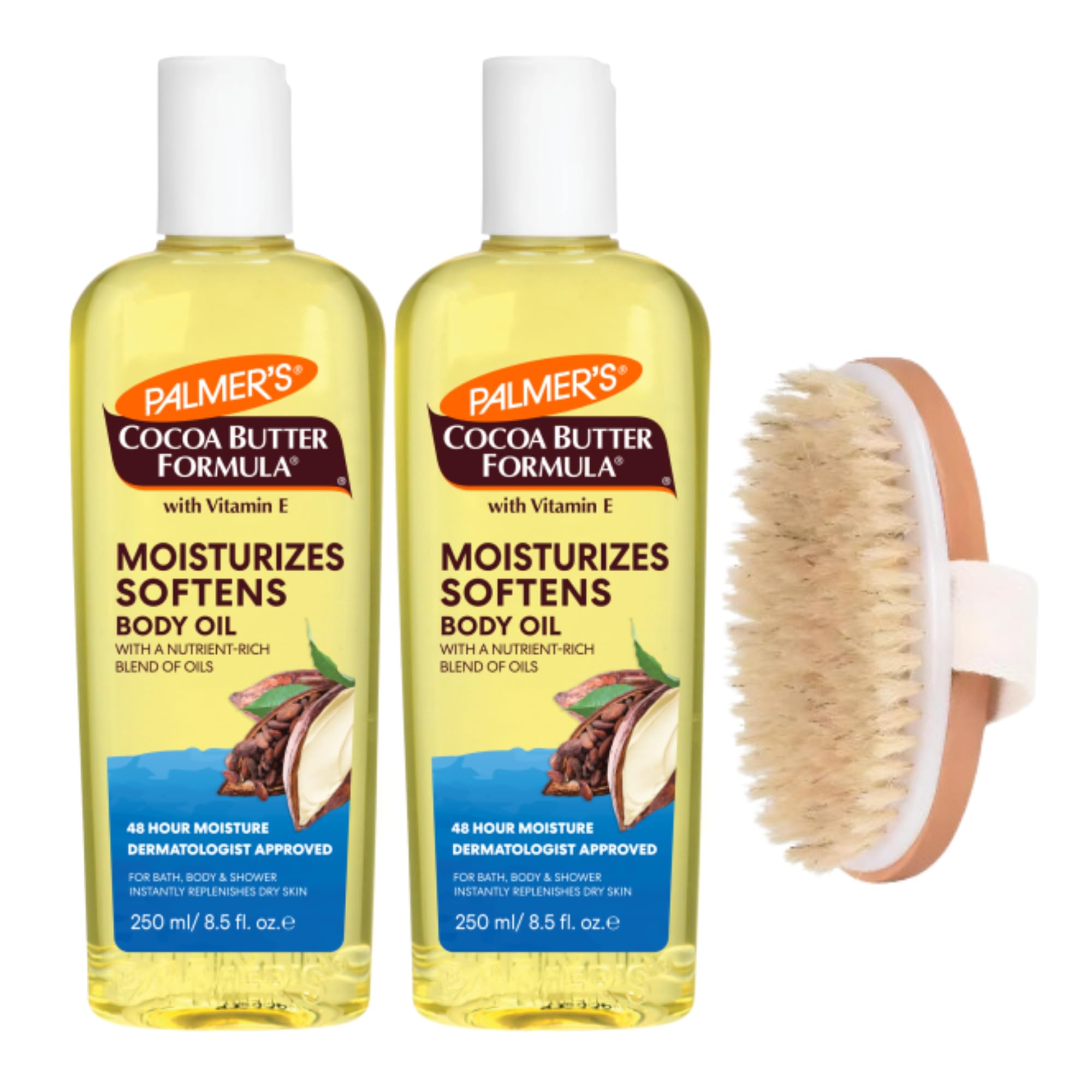 Palmer's Body Oil & Dry Body Brush Bundle | 2x Coconut Body Oil for Radiant Skin 250 ml & 1x Exfoliating Brush for Glowing Skin- Cocoa Radiant Body Oil by Palmers Cocoa Butter Oil