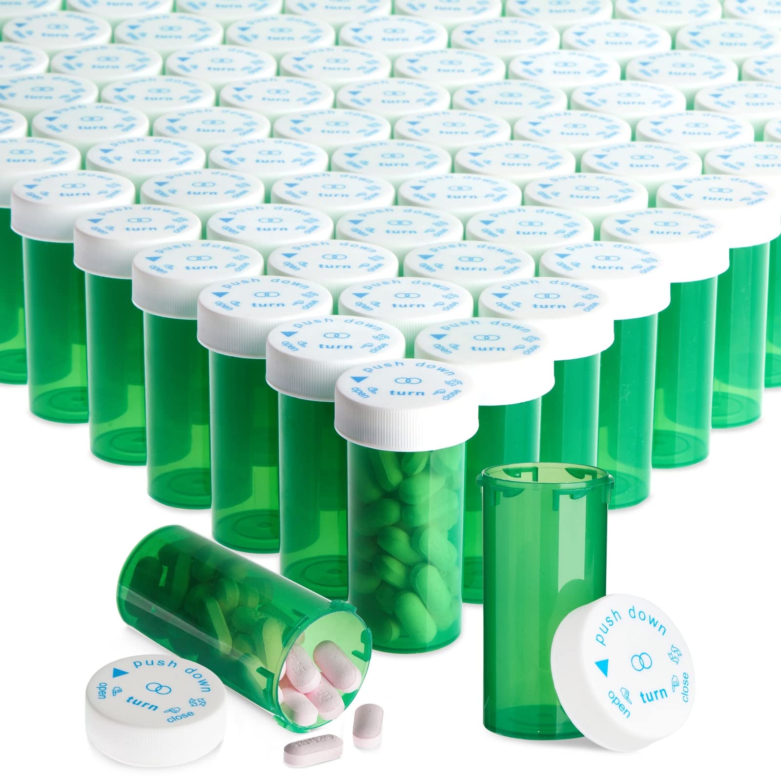 Photo 1 of Juvale Pill Bottles - 250 Pack, 13 Dram Capacity, Green Bottles & White Lids - Prescription Vials & Pharmacy Vials with Child-Resistant Caps for Medical & Supplement Storage