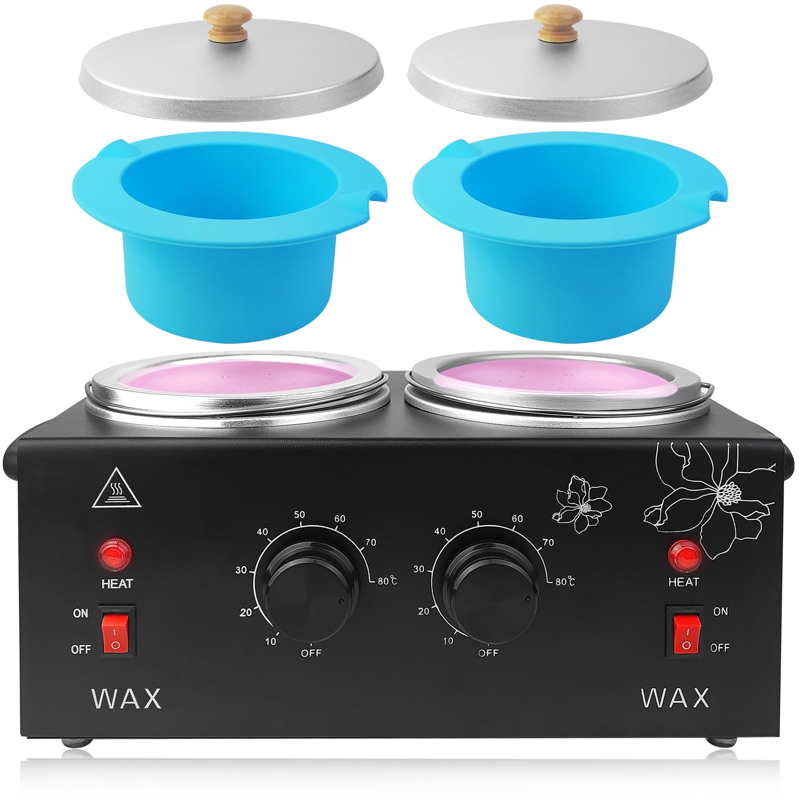Portable Wax Warmer Machine for Painless Hair Removal, Women Men Professional Wax Heater with Adjustable Temperature Set, 40pcs Sticks, 2 Silicone Bowls (Black - Double Pots)