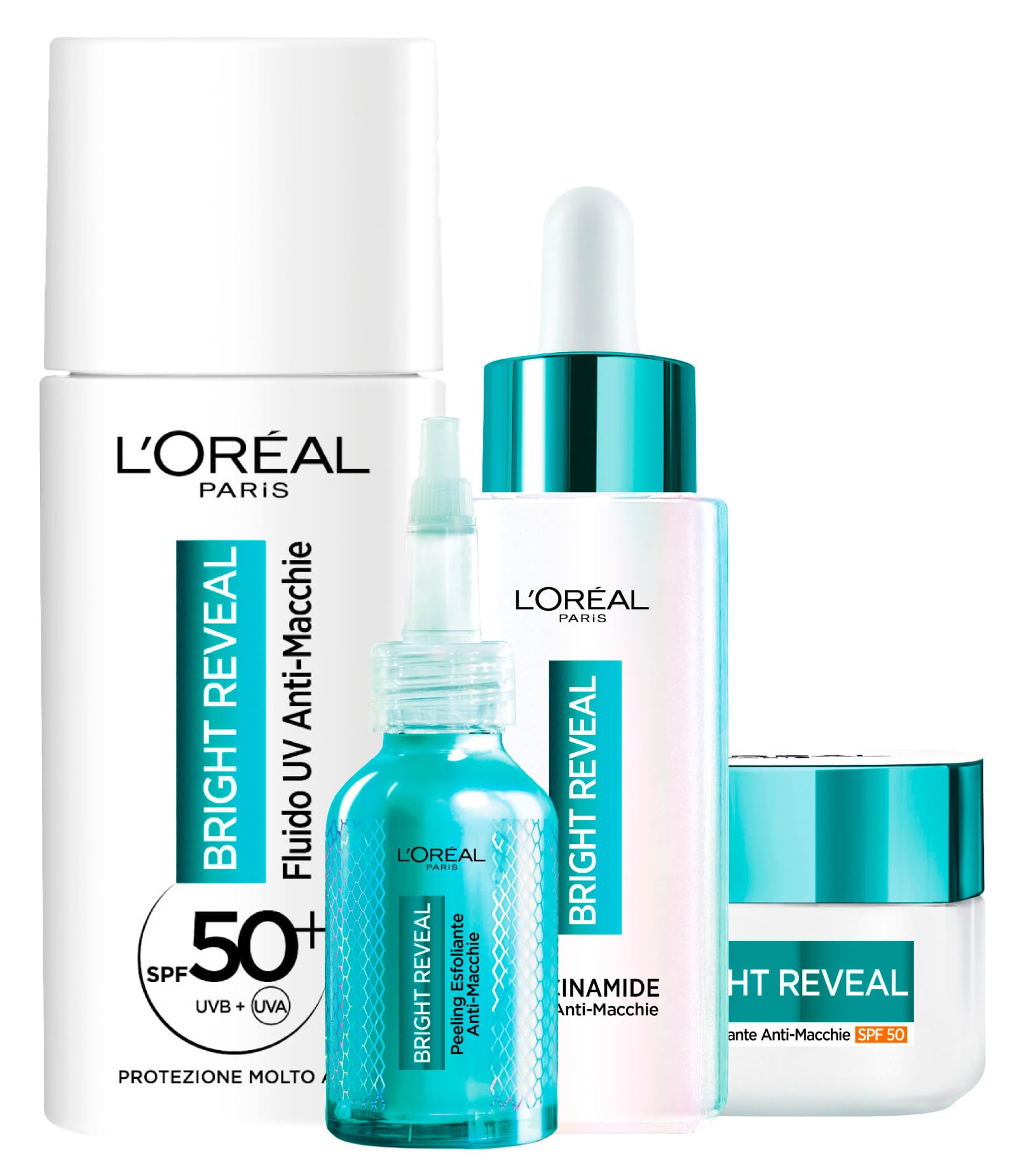 L'Oréal Paris Bright Reveal Anti-Macchia Kit with Moisturising Cream SPF50 50ml + UV Fluid SPF50 50ml + Exfoliating Scrub 25ml + Facial Serum 30ml - Set of 4
