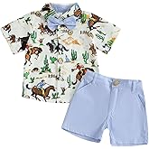 KtwHarnu Toddler Boy Western Summer Clothes Riding Horse Button Down Short Sleeve Shirt and Shorts Set Country Baby Clothes
