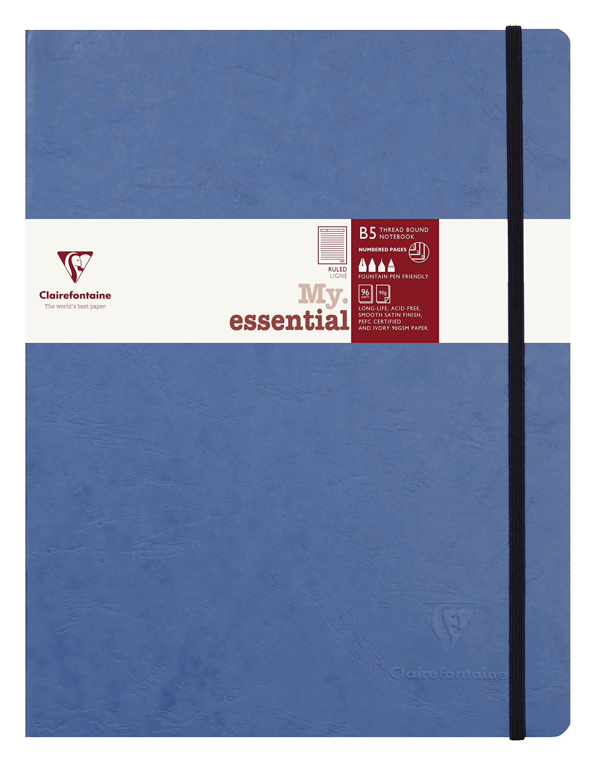 Clairefontaine 794464C Collection Age Bag Stitched MyEssential Elastic Notebook Blue - B5 19x25cm - 192 Numbered Lined Pages - 90g Ivory Paper - Leather Cover