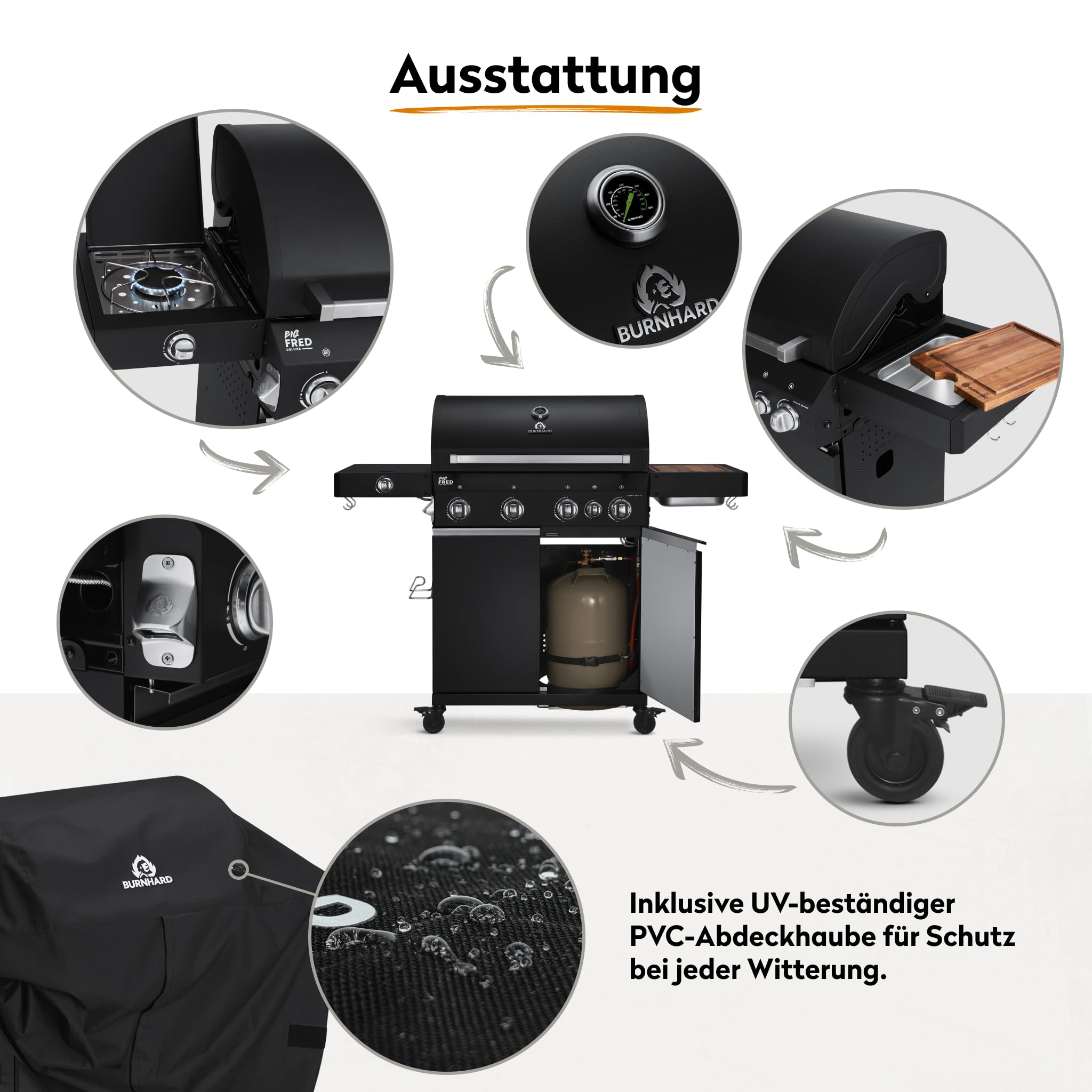 BURNHARD® Gasgrill 4-Brenner inkl. BACKBURNER, 900°C Infrarot-Keramikbrenner, Seitenkochfeld, Gusseisenrost, Abdeckhaube, Schwarz – Big FRED Deluxe 6