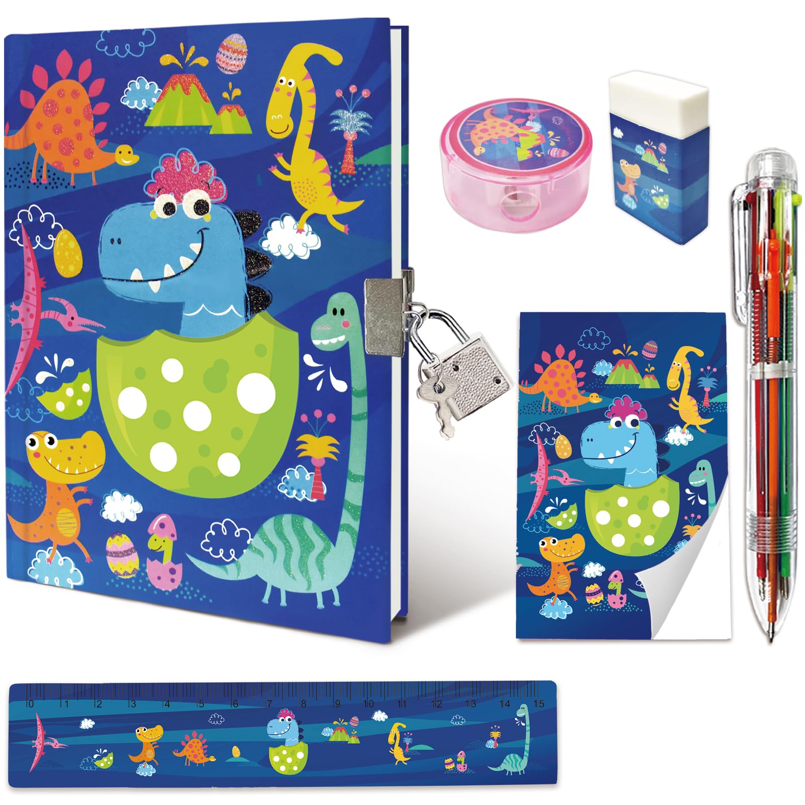 GINMLYDA Set of Secret Diary for Boys, 6Pcs Gifts Stationery Set for Boys incl. Dinosaur Diary with Lock 6 Multicolor Pen Memo Ruler Eraser Sharpener Kids Notebook for Boys