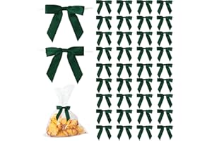 TULOBI 50Pcs Hunter Green Twist Tie Bows for Gift Wrapping 2.5" Satin Ribbon Bow for Treat Bags Cake Balloons Birthday Party Favors Wedding Decorations