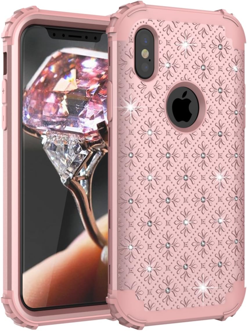 AdiWon Apple iPhone X Case Glitter Crystal Diamond Bling Rhinestone Three Layer Hybrid Shock Resistant Cover for Girls/Women,Rose Gold
