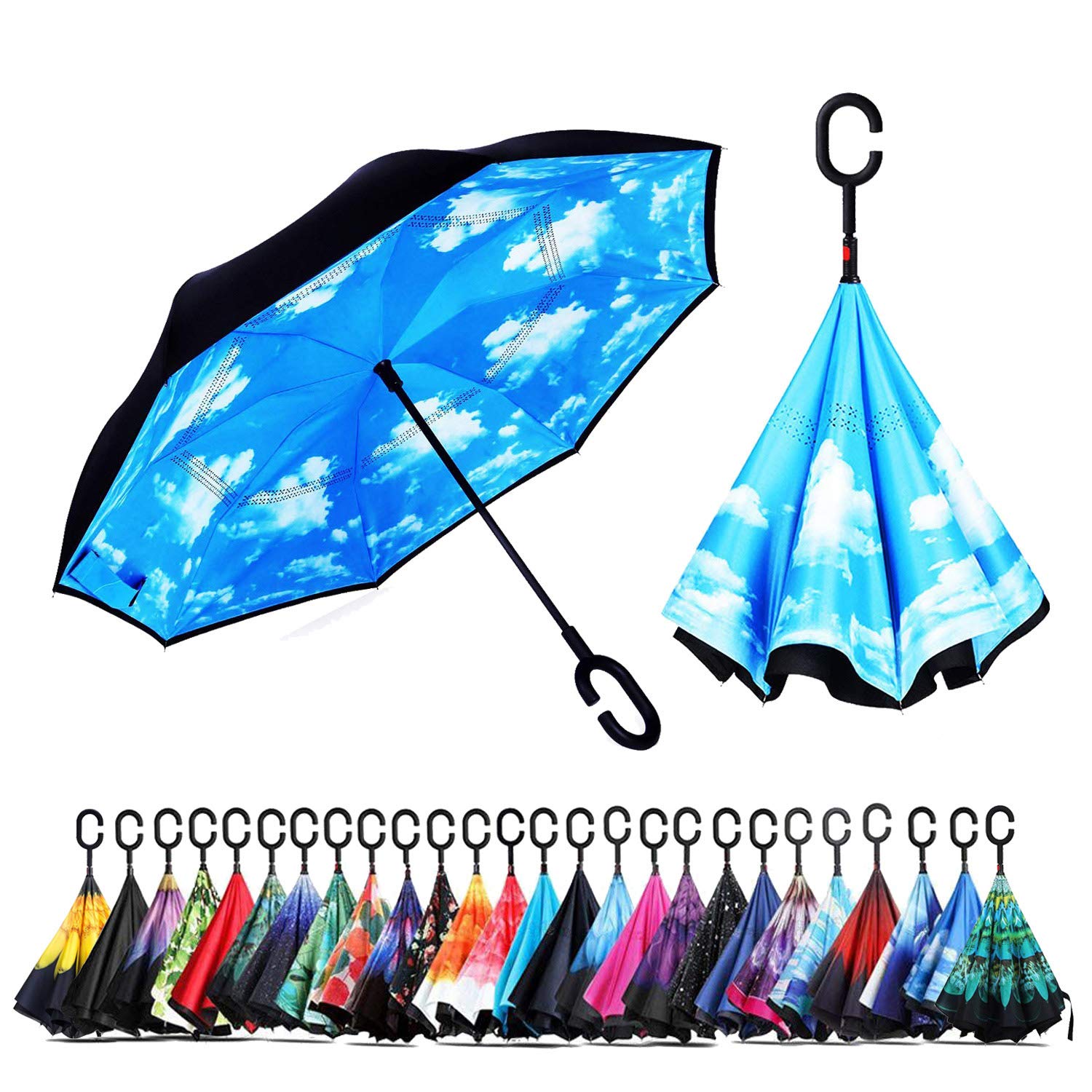NNY Inc Double Layer Inverted Umbrella Cars Reverse Open Folding Umbrellas, Windproof UV Protection Large Self Stand Upside Down Straight Umbrella for Golf Women and Men with C-Shaped (Sky)