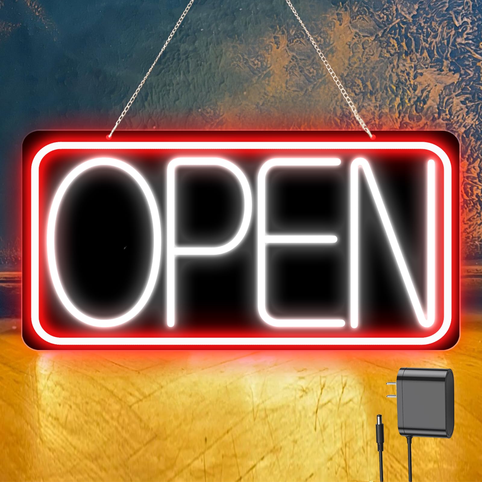 Photo 1 of ***DAMAGED -POWER CORDS CUT -SELLING AS IS *** 22" X 11" Led Neon Open Signs for Business, Large Open Signs, Plug In Electric Light Up with ON/OFF Switch, Ultra Bright Open Sign for Bar Salon Coffee Stores Club Hotel (Black Backplate)