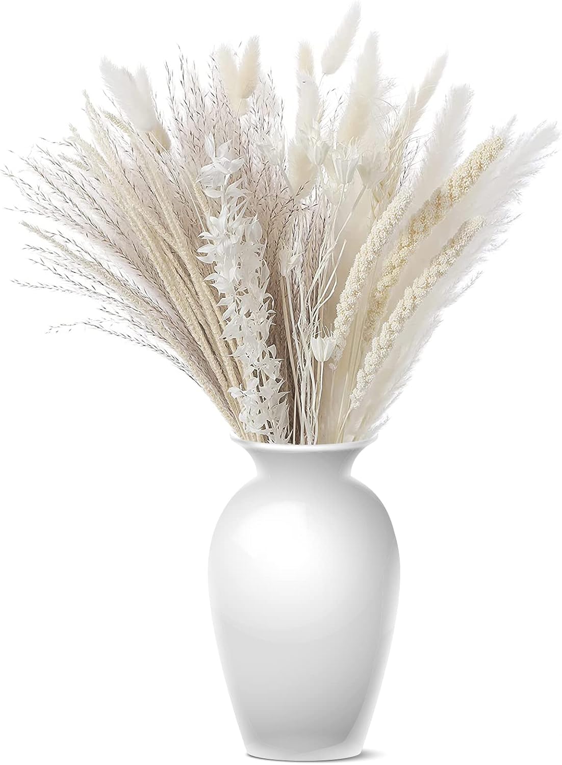 Dried & Preserved Flora - 95 Stems White Natural Dried Floral Pampas Grass Bouquet, Boho Home Decor Billy Balls Flowers Arrangements, 17 Inch White Pompous Grass, Bunny Tails, Natural Reed Grass, Ideal for Wedding Decoration