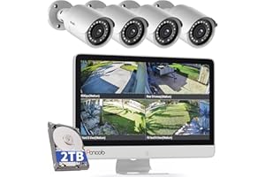 PANOOB Wired Security Camera System with Monitor Screen for Home, 8CH 8MP NVR with 2TB HDD, 4X Bullet Wired 5MP PoE IP Camera IP67 with Mic, Smart Human Detection, IR Night Vision, PB37FM04-5M